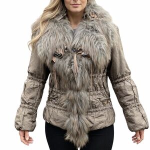Italian Women's Real Fur Trimmed Jacket with Chain Accents
